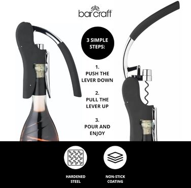 Штопор BarCraft Deluxe з фольгорізом, відкривачка для вина, чорний та хром