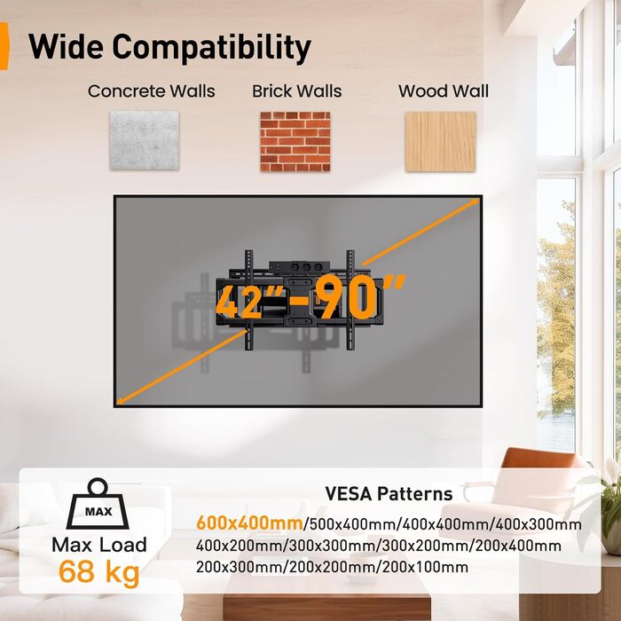 Настінна кріплення для телевізора Perlegear з розеткою, 42'-90', 68 кг, VESA 600x400 мм, PGLF11 (оновлена версія)