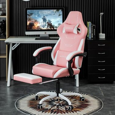 Геймерське крісло Ergonomisch з підставкою для ніг, регульоване, рожево-біле. Офісне крісло з підтримкою попереку для комп'ютера