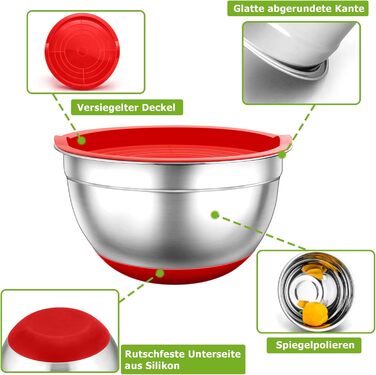 TEAMFAR Mixing Bowl Set, 7-Piece Stainless Steel Bowl Salad Bowl Set with Airtight Lids and Silicone Bottom, Nesting & Dishwasher Safe, 0.7L / 1.2L / 1.5L / 2.5L / 2.8L / 3.5L / 6.5L, assorted colors