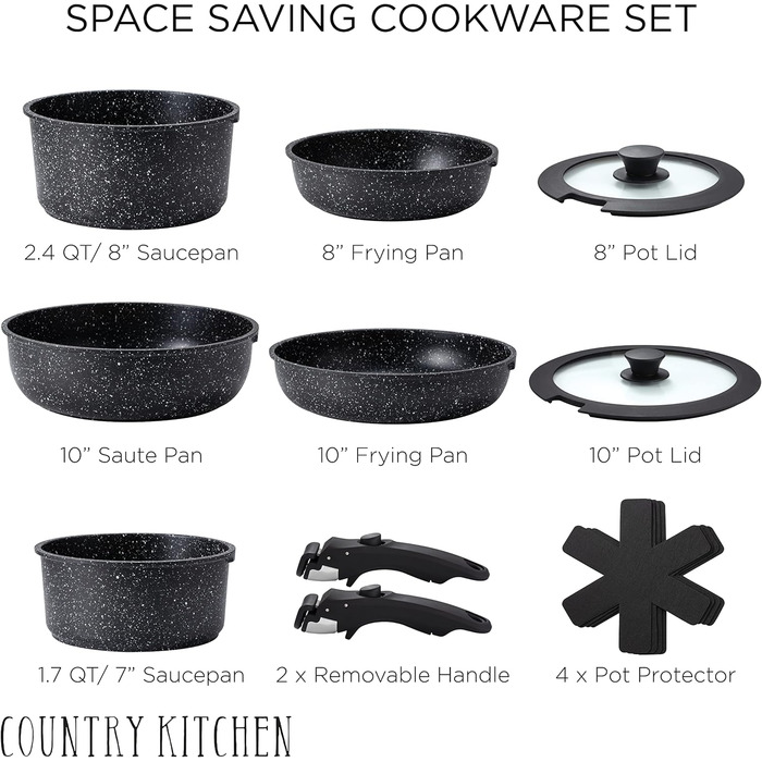 Набір кухонного посуду Country Kitchen, 13 предметів, антипригарний, знімна ручка, для плити, духовки та кемпінгу, чорний