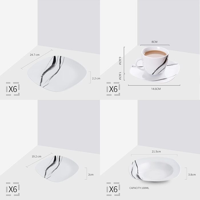 Набір посуду VEWEET FIONA (30 предметів): тарілки та миски для 4 осіб, чорно-сі лінії, для вечері, безпечний у мікрохвильовці та посудомийній машині