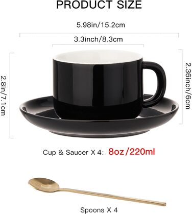 Набір кавових чашок і блюдець з ложками, 4 шт., 220 мл, кераміка, чорний колір. Чашки капучіно для чаю та еспресо