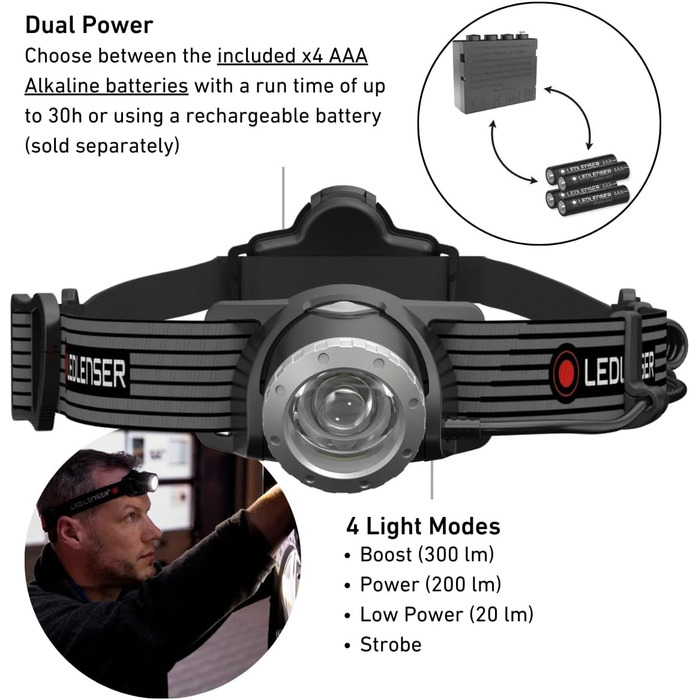 Ліхтар налобний Ledlenser H7 SE LED, 300 люмен, 160 м, фокусування, з заднім світлом, до 30 годин, батарейки та USB-кабель