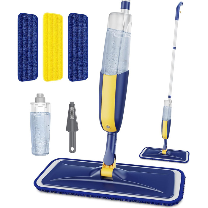 Швабра з розпилювачем MANGOTIME - швабра з розпилювачем, моп для підлоги з баком для води та 3 насадки для швидкого прибирання паркету, мармуру, дерева, ламінату (жовта)