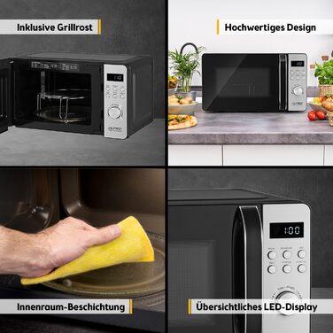 Мікрохвильова піч з грилем TZS First Austria 20L - 2-в-1, 700/800W, 8 програм, LED-дисплей, нержавіюча сталь, захист від дітей, чорний