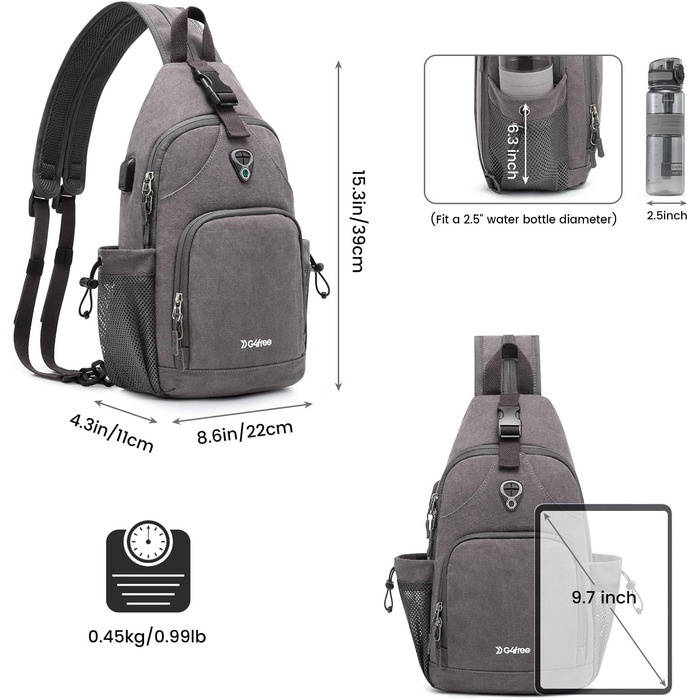 Сумка через плече G4Free на канвісі (Dunkelgrau) - для подорожей, хайкінгу, бігу, альпінізму