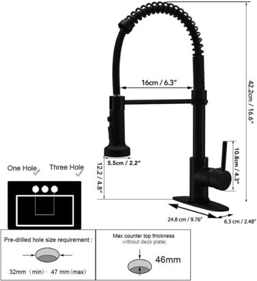 Кухонний змішувач BESy з 3 режимами струменя, висувна лійка, водоспад, поворотний на 360°, для високого тиску, з нержавіючої сталі SUS304, матовий чорний