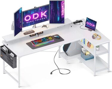 ODK письмовий стіл L-подібний білий 168x80 см з USB-роз'ємом, розеткою, полицею, моніторною підставкою, для ігрової кімнати та офісу