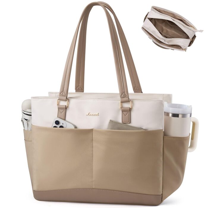 Сумка для ноутбука LOVEVOOK велика шопер для жінок бежево-хакі 15.6 дюймів. Робоча сумка, сумка для навчання, офісна сумка, сумка-тоут з блискавкою