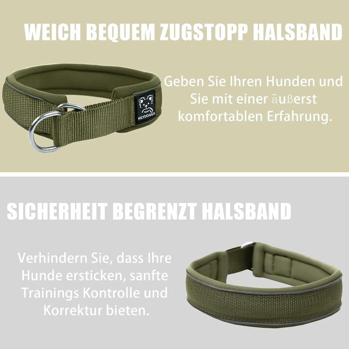Нашийник для собак з м'якого неопрену (4 см ширина), світловідбиваючий, з міцного нейлону та стопором, зручний, для дресирування, проти потягування, розмір L (армійний зелений, обхват шиї 45-56 см)
