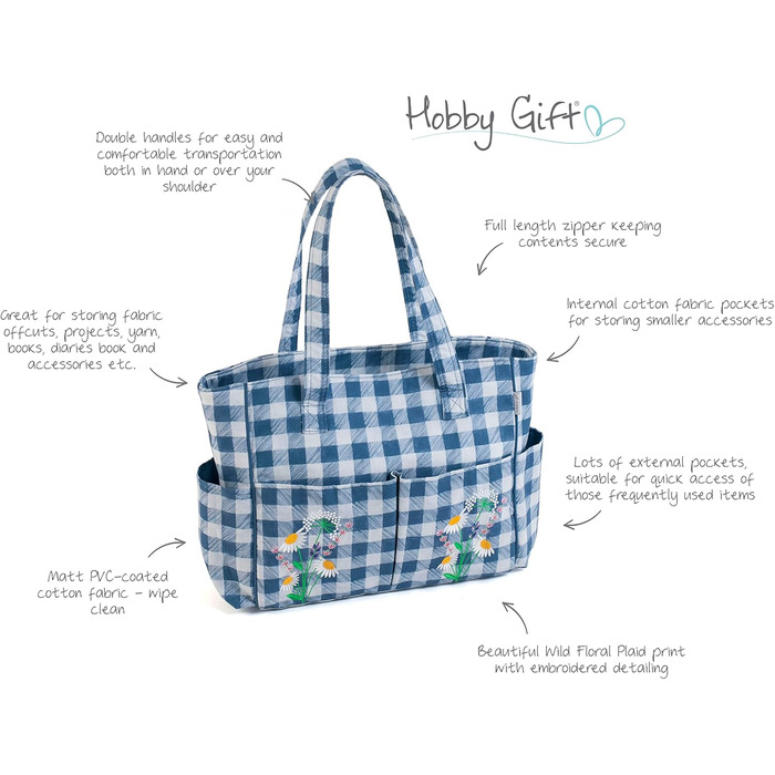Crafting Kit Bag, Cotton, 13 x 36 x 31cm (Checkered pattern with wildflowers)