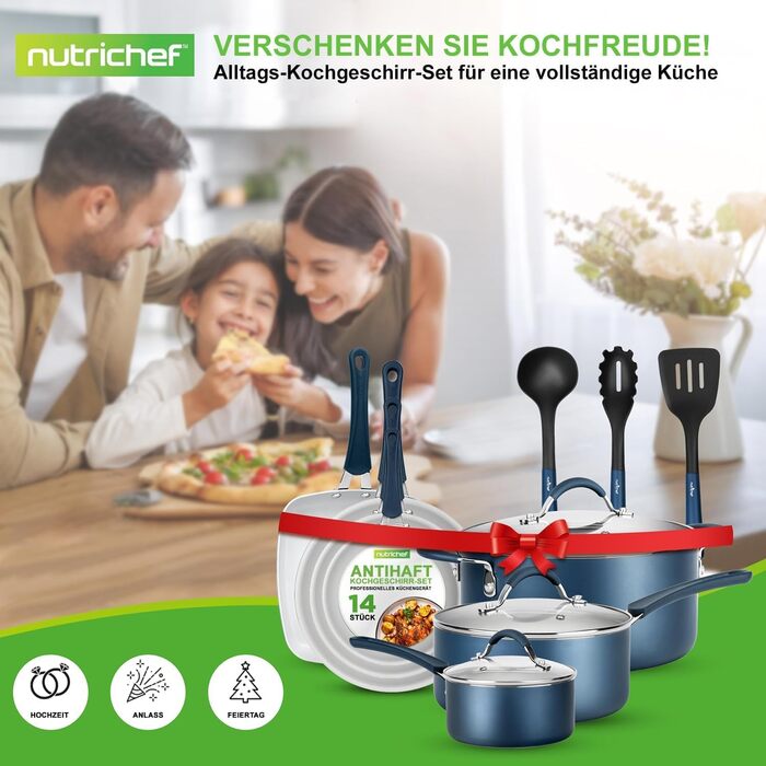 NutriChef 14-Piece Induction Cookware Set & Frypan Set, PFOA/PFOS-Free, Non-Stick Coated, Cookware Set, Pots & Pan Sets, Aluminum with Stainless Steel Edges – Cookware Set for all Blue Heat Stoves