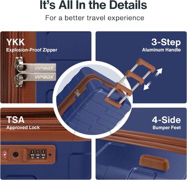 Чемодан VIPbox з жорсткою обшивкою, великий (75 см), розширюваний, легкий, з полікарбонату, з 3-річним сервісом, з TSA замком, 4 колеса, блакитний, M+XL (55+75 см)