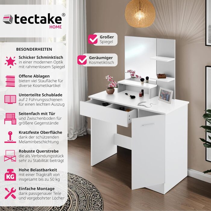 Туалетний столик tectake білий з дзеркалом, 4 шухляди, пуф