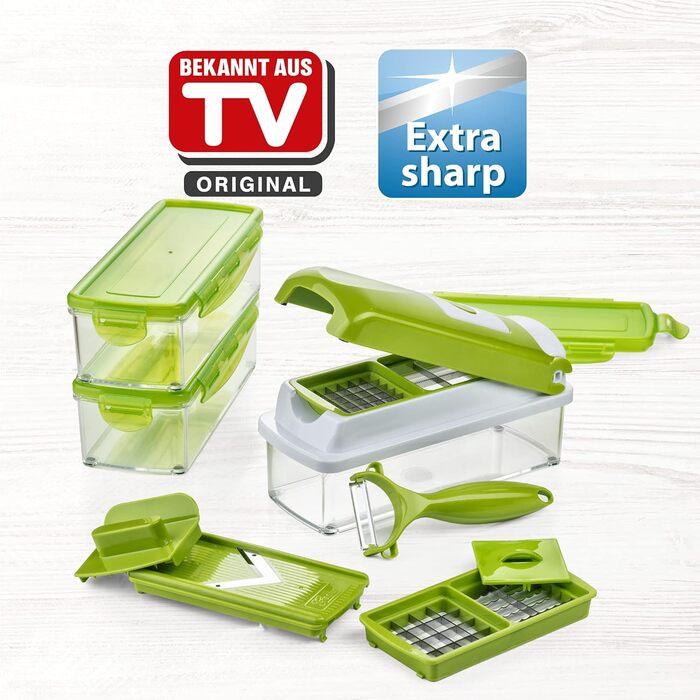 Genius Nicer Dicer Smart - набір для нарізки овочів та фруктів, 13 частин | Овочевий, цибулевий, фрутовий нарізник | Нарізання, кубики, соломка, стружка, чистка, зберігання | Мандоліна, мультиінструмент | Новий, 22.2 x 10 x 8.2 см, кольору ківі
