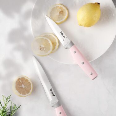 Набір ножів Hecef 14 предметів з дерев'яним блоком, професійний набір кухонних ножів з нержавіючої сталі, з ножицями/ножем для стейку/точильним інструментом (рожевий)