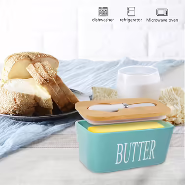 Porcelain butter dishes with lid, airtight silicone butter box, butter container for butter, nuts, cheese, sky blue + butter spreader