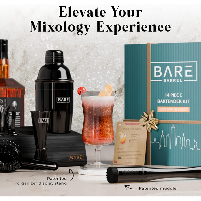 Bare Barrel Pro Cocktail Set - 14-Piece Boston Shaker Set with Stand & Recipe Cards - 24oz Cobbler Shaker