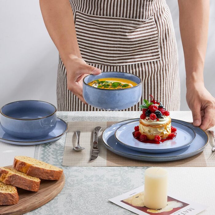 Набір посуду Joyfair на 6 осіб, 18 предметів: тарілки для їжі, десертні тарілки, миски для каші, з реактивною глазур'ю, для мікрохвильової печі та посудомийної машини (Ozean Blau)