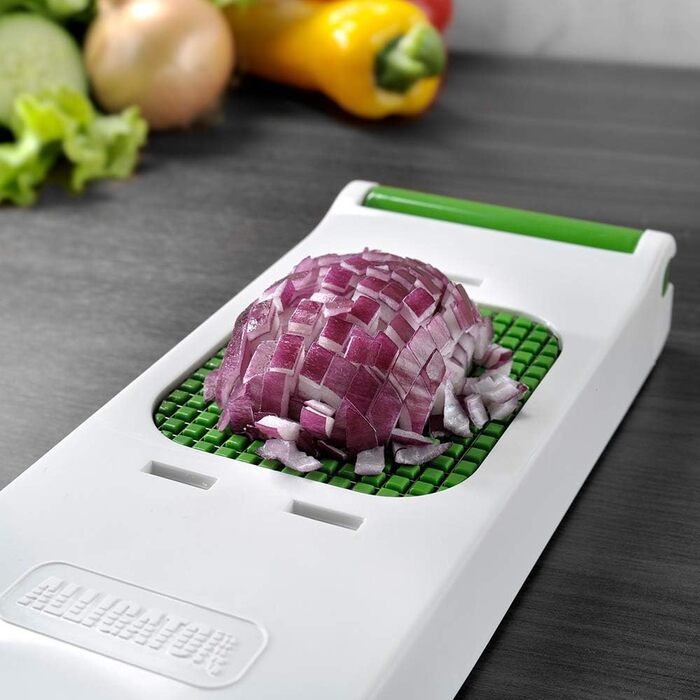 ALLIGATOR 3002 - 3-in-1 Multifunction Cutter - Vegetable, Onion, and French Fry Cutter - 3 Interchangeable Blades - 3x3 mm, 6x6 mm, 12x12 mm - BPA-free - White and Green