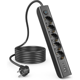 Мережевий фільтр Steckdose 8 в 1 з USB, 3680W, з вимикачем, 16A, 2 USB-C, для смартфонів, ноутбуків, iPad, 1.8M кабель, білий (чорний 5AC)