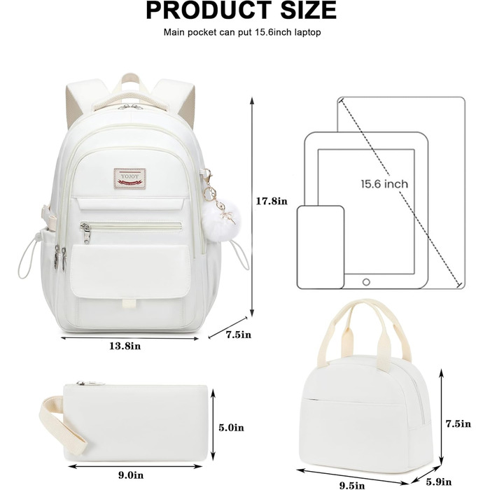 Шкільний рюкзак для підлітків, дівчаток, 3-в-1: рюкзак, ланчбокс, пенал, бежевий (15.6