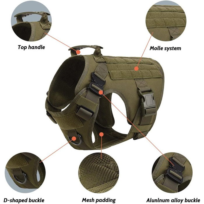 FEIMA Tactical Dog Harness with Handle Military Mesh Working Tactical Dog Vest Chest Harness for Large Dogs No Pull Adjustable Vest for Walks Training (Army Green, S) Army Green S