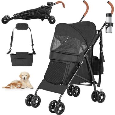 Візок для собак YITAHOME - чорний, до 11,3 кг, з сіткою, тримачем для напоїв, кошиком та переноскою