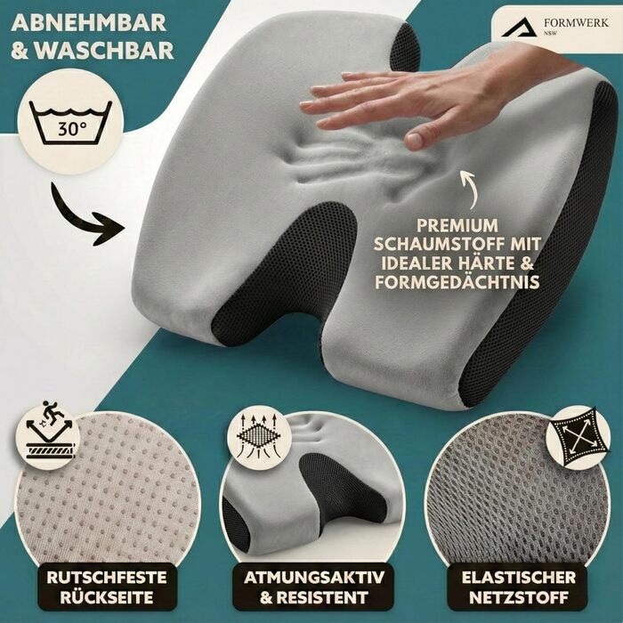 Ортопедична подушка для сидіння Formwerk NRW - преміум якість, 3D Memory Foam, для офісу та авто, OEKO-TEX-100 (60-100 кг), сіра