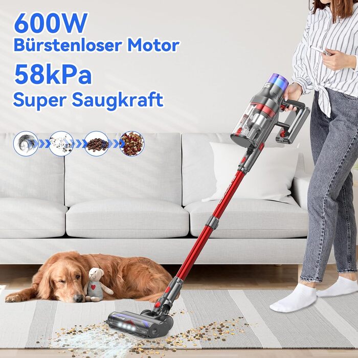 Бездротовий пилосос VSTOKY V15 ProMax: потужний акумуляторний пилосос для дому, килимів та твердих поверхонь, 600W, 58kPa, 75 хвилин роботи, подвійний контейнер для сміття, автоматичний режим, видалення шерсті тварин