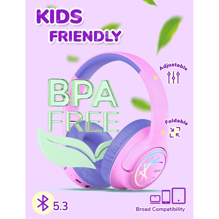 iClever Бездротові навушники для дітей з LED-підсвіткою, обмеження гучності 74/85 дБ, 43 години роботи, стереозвук, Type-C, AUX-кабель, Bluetooth 5.3, для планшетів/подорожей, рожево-фіолетові