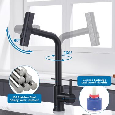 Чорний кухонний змішувач з висувною лійкою, водоспад, високий тиск, 3 режими, поворотний на 360°, з нержавіючої сталі, матовий, для кухні