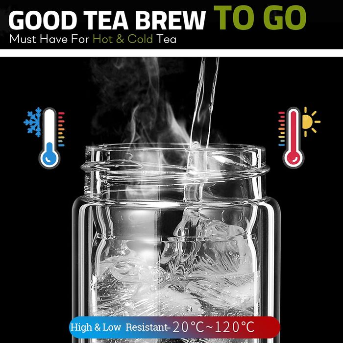 Double-walled glass tea bottle, 1 liter, with 2-in-1 stainless steel strainer for on-the-go use. 1000ml large volume, tea bottle 100% leak-proof, 1 l (350ml single serve).