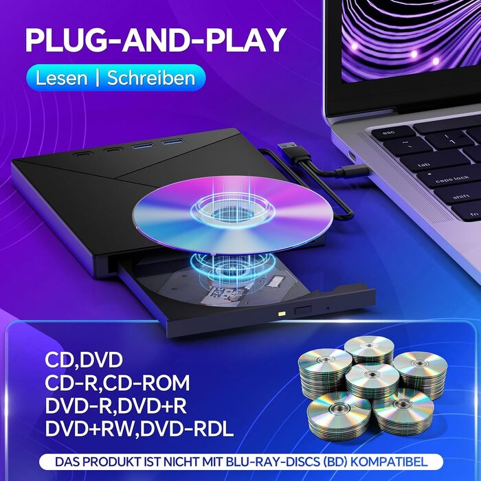 Зовнішній CD/DVD привід та записувач USB-C & USB-A з картридером TF/SD для ноутбука, Windows, Mac OS, Linux