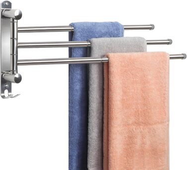 Тримач для рушників JSVER поворотний на 180°, з нержавіючої сталі 304, 3 висувні ручки до 50 см, для кухні, ванної кімнати, гардеробу, сріблястого кольору