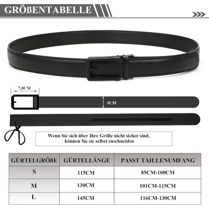 Чоловічий шкіряний ремінь JasGood з автоматичною пряжкою, 33 мм, для костюма, офісний, повсякденний (чорний, 115 см, обхват талії 85-100 см)