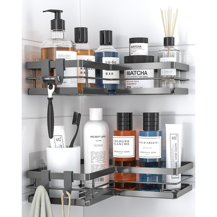 Набір полиць для душу Kitsure без свердління – 2 шт. Стабільні полиці для душу без свердління з швидким зливом, з нержавіючої сталі та міцною клейкою фіксацією для ванної кімнати (22,0 x 22,0 x 5,0 см, Темно-сірий)