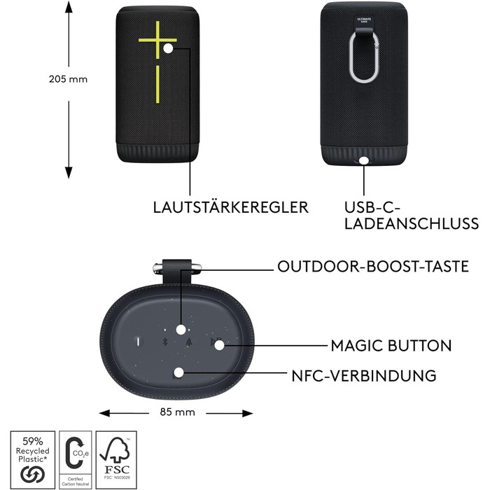 Портативна Bluetooth колонка Ultimate Ears Everboom: Водонепроникна (IP67), плаваюча, з глибокими басами та 360° звуком, до 20 годин роботи, радіус дії 55м - Чорний