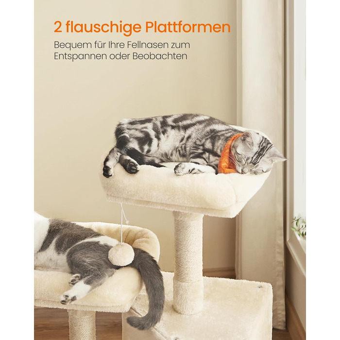 Драбина-кіготь Feandrea для котів, 115 см, бежева, з платформою та м'яким плюшем, повністю обмотана сизалем, PCT141W01