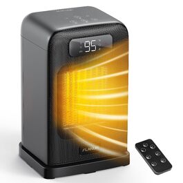 Електричний обігрівач 1500W з PTC керамічним нагрівачем, тихий, з термостатом та пультом дистанційного керування, ECO режим, 70° осциляція, 12h таймер, захист від перегріву та перекидання, чорний, 26 см