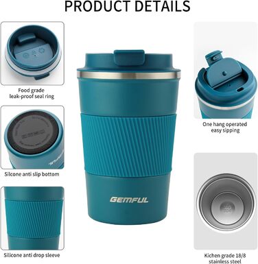 Термокружка з нержавіючої сталі 510 мл Gemful - блакитна, для подорожей та дому