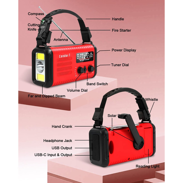 Радіо Kurbelradio на сонячній енергії 20000mAh з AM/FM, SOS-сигналом, LED-ліхтариком та USB-зарядкою, червоне