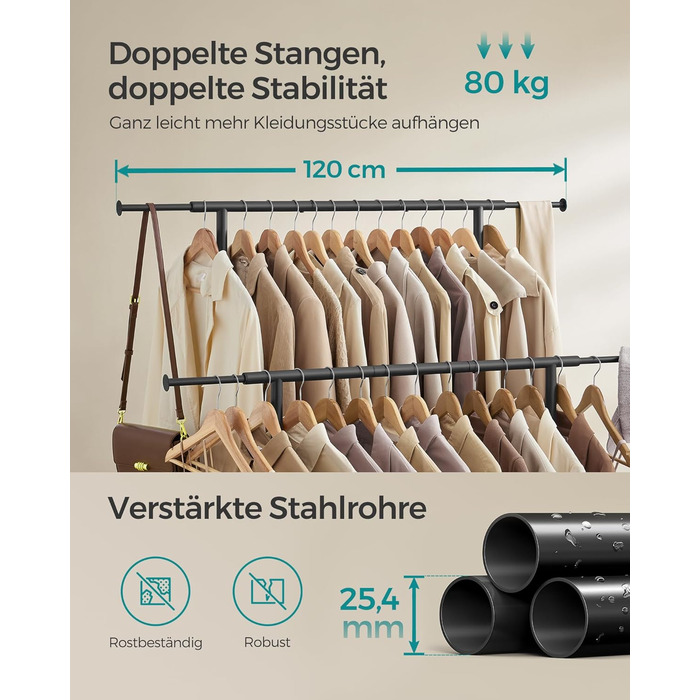 SONGMICS Clothes Rack with 2 Clothes Rods, Extendable Garment Rod, with Wheels, Coat Rack, Height Adjustable between 113 and 180 cm, Lower Rod Adjustable, LLR401R01 (Ink Black, 120D x 50W x 156H cm)