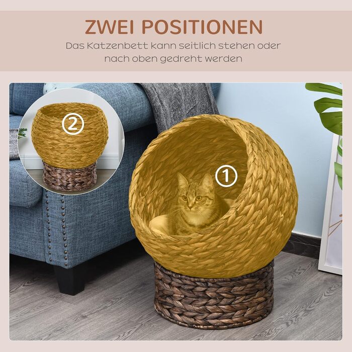 PawHut Rattan Cat Basket Cat Cave Cat House Cat Bed with Cushion Pet Bed Water Hyacinth 42 x 33 x 52 cm (50L x 42W x 60H cm, Coffee)