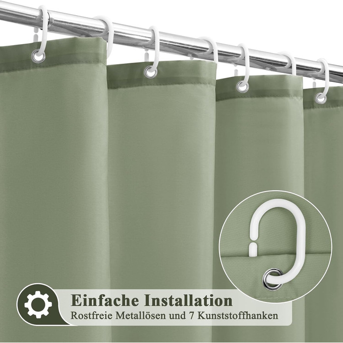 Штора для душу EurCross 180x200 см, водонепроникна текстильна, зелена, з кільцями (1 шт.)