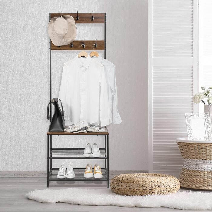 WOLTU Coat Rack Clothes Rack Laundry Rack Shoe Shelf with Seat, with 7 Hooks, Wood and Steel, Hanging Shelf, Black Vintage