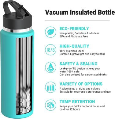 AORIN Stainless Steel Water Bottle, 500ml/750ml/1L Leak-Proof Water Bottle with Straw, BPA-Free Drinking Bottle for Kids, Vacuum-Insulated Thermos for Sports, School, Fitness, Outdoor (1000 ml, Mint)
