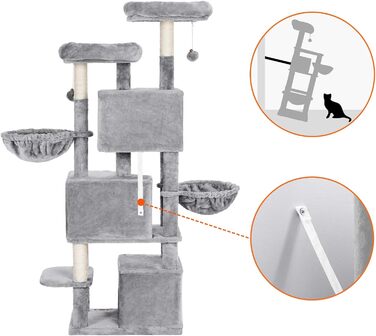 Драбина для котів Feandrea з 3 будиночками, 164 см, сірий колір (164H x 55W x 40D см)