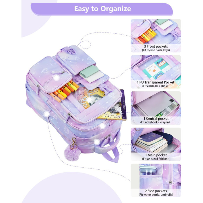 Рюкзак для дівчинки Tanou, 1-4 клас, дитячий шкільний рюкзак, водонепроникний, фіолетовий